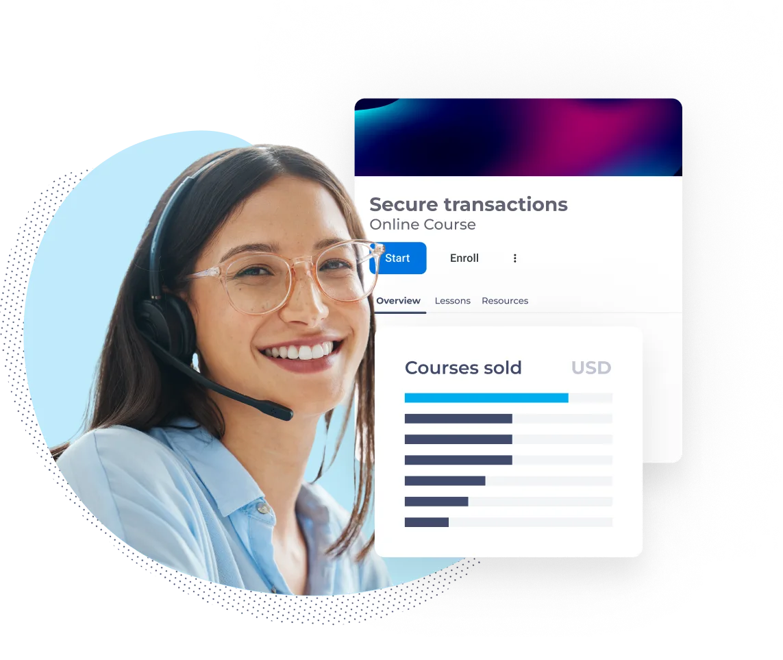 Product UI showing secure transactions course with course sales revenue chart