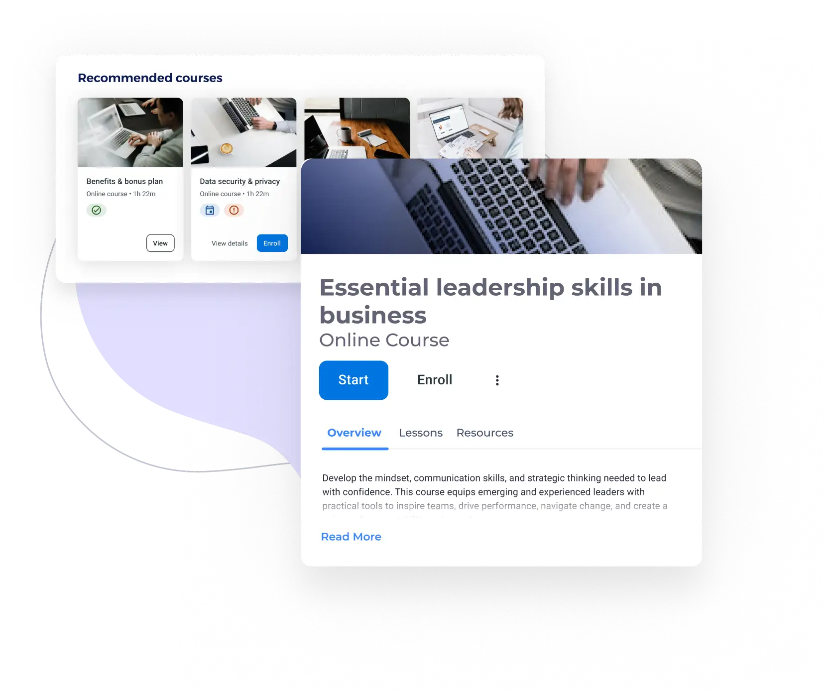 Product UI showing recommended courses with leadership skills course details