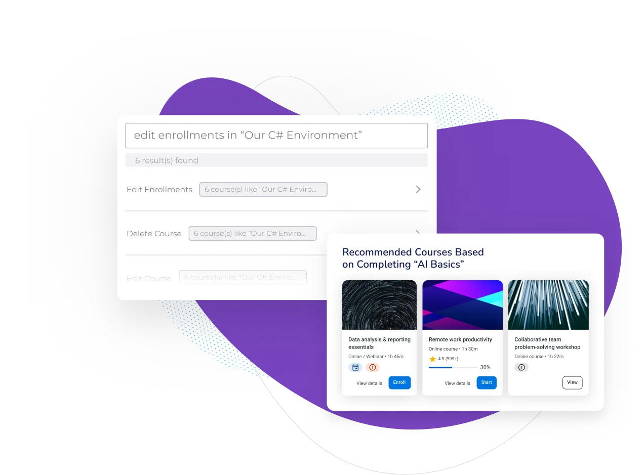 Product UI showing bulk enrollment editing with AI-powered course recommendations