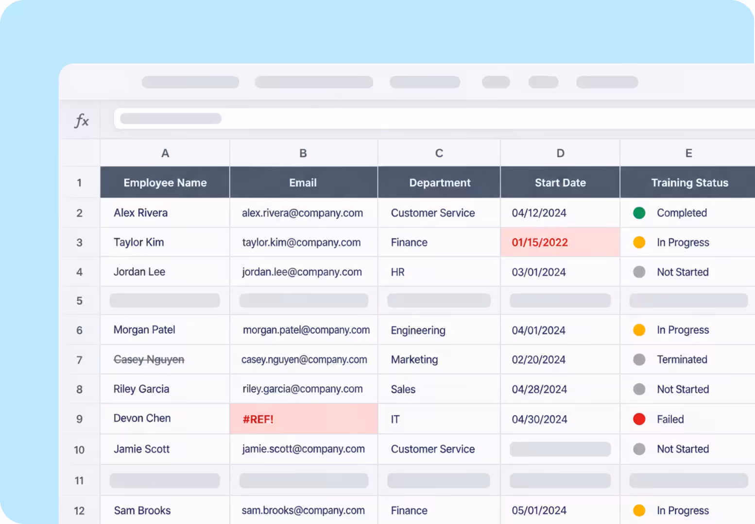 Example Compliance spreadsheet