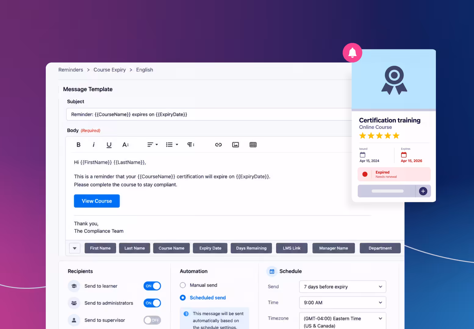 Certification expiry reminder email template editor with a certificate status notification card showing an expired course