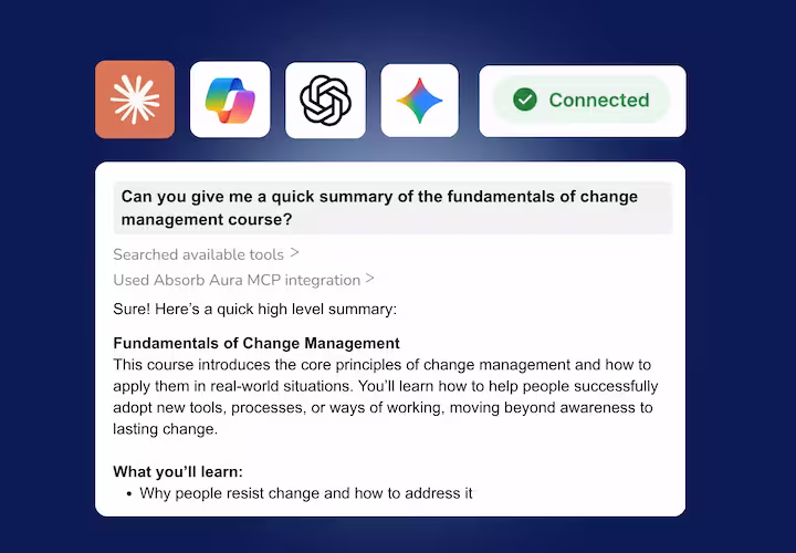 AI assistant connected to Absorb Aura MCP integration, answering: Can you give me a quick summary of the fundamentals of change management course? Summary: This course introduces core principles of change management and how to apply them in real-world situations, including why people resist change and how to address it