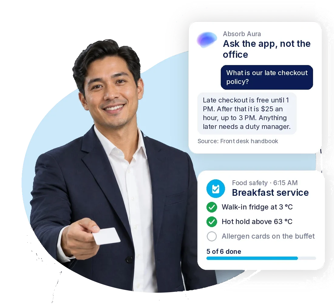 Hotel front-desk agent handing over a key card, beside an Absorb Aura answer on late checkout and a food safety checklist from the Absorb Frontline App