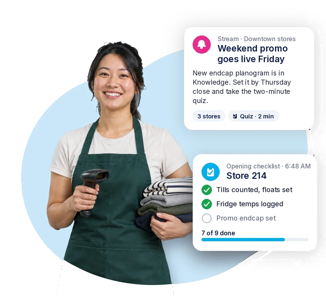 Retail associate holding a scanner and folded stock, beside a store stream post and an opening checklist from the Absorb Frontline App
