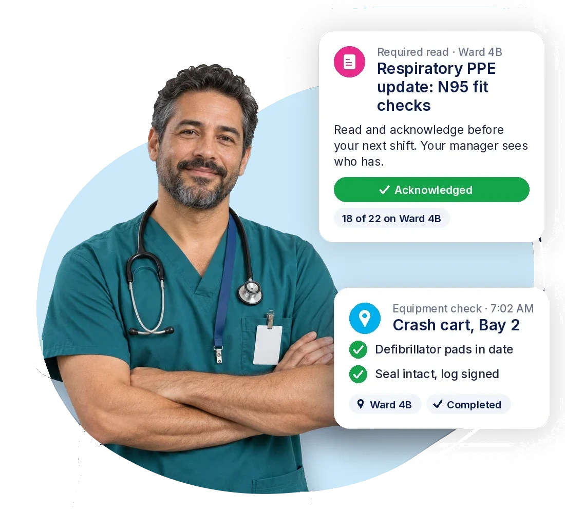 Nurse in teal scrubs with a stethoscope, beside a required read acknowledged on Ward 4B and an equipment check with a location tag from the Absorb Frontline App