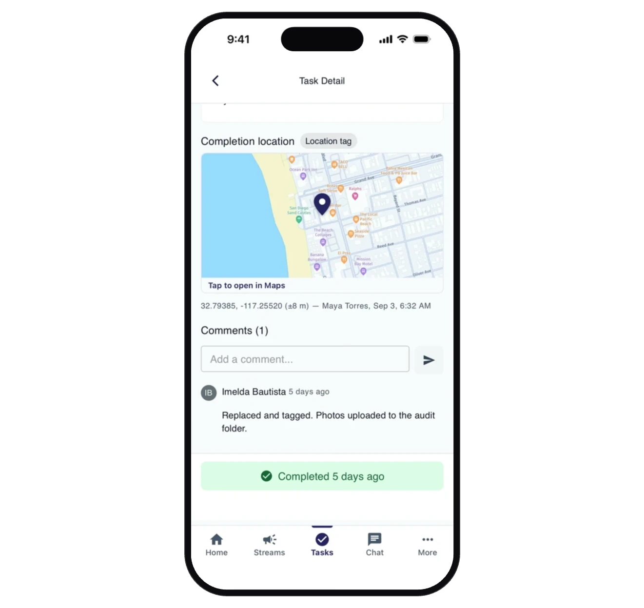 Mobile app screenshot showing a task detail screen with a map of the completion location, coordinates, timestamp, and a comment thread