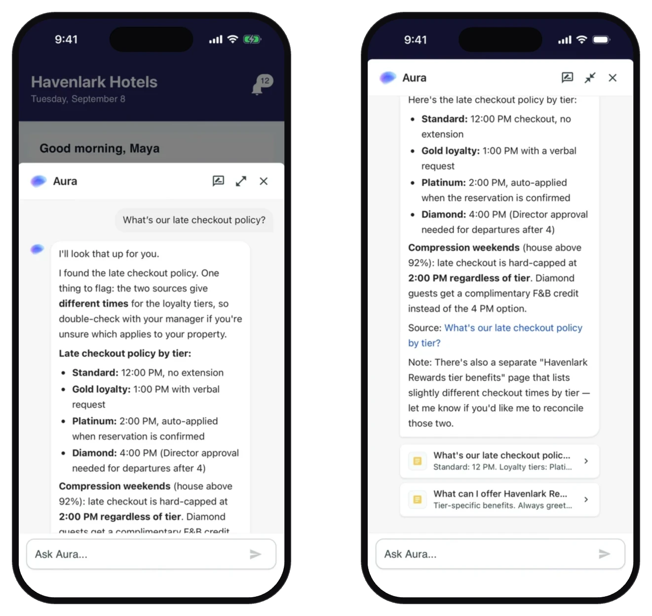 Two Absorb Frontline screens: Absorb Aura answering a late checkout policy question with links to the source documents, and one of those documents opened in Knowledge