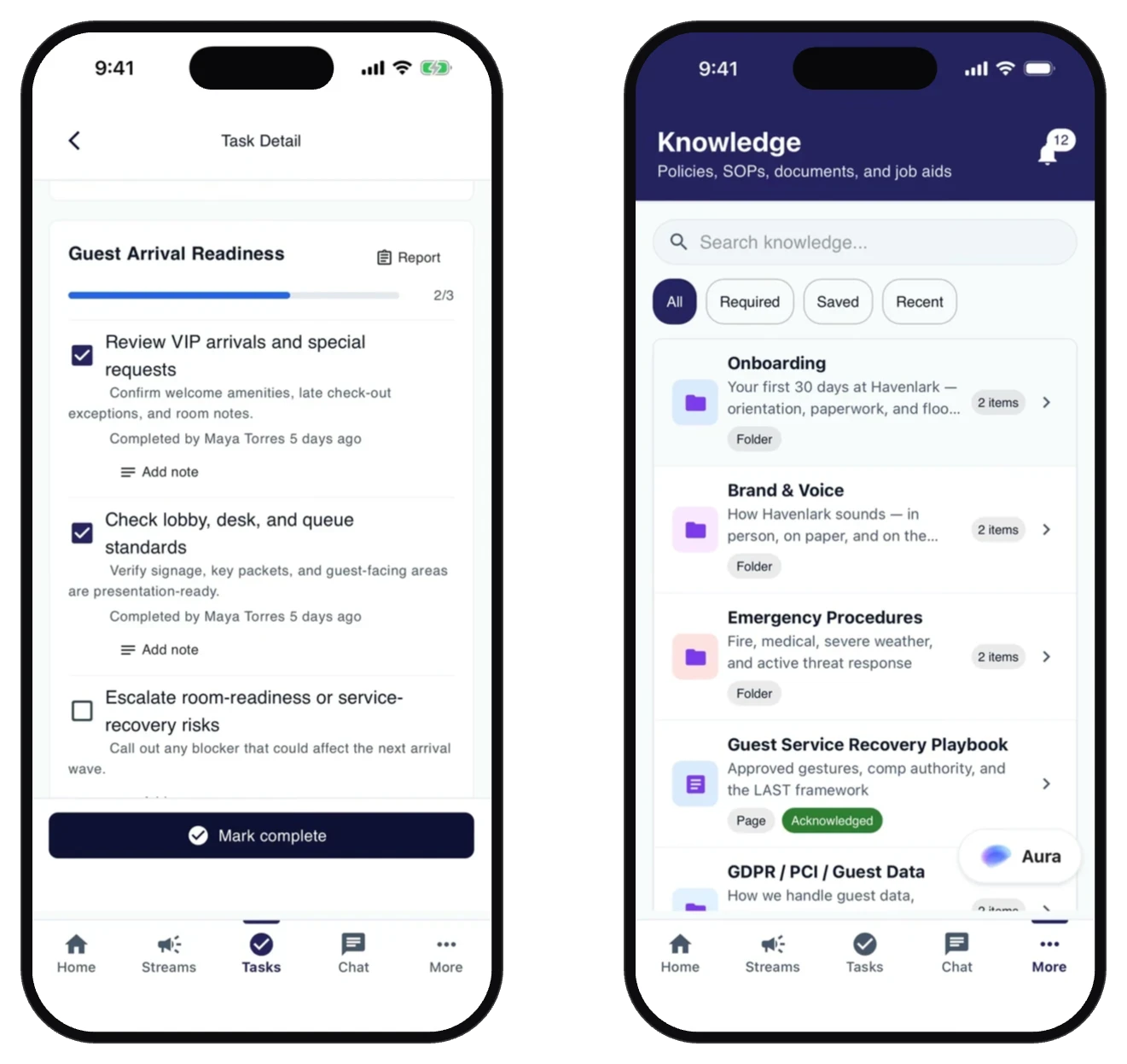 App screenshots showing a Task Detail checklist for Guest Arrival Readiness and a Knowledge library with folders like Onboarding, Brand & Voice, and Emergency Procedures