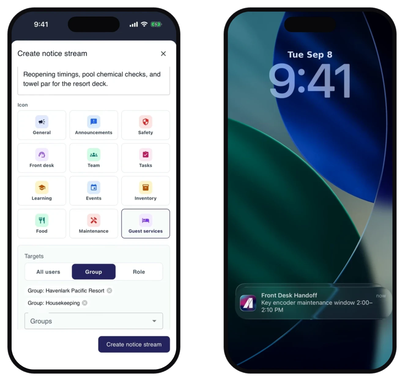 App screens showing a notice stream creation form with icon and target group options, and a lock screen notification reading 'Front Desk Handoff: Key encoder maintenance window 2:00–2:10 PM'