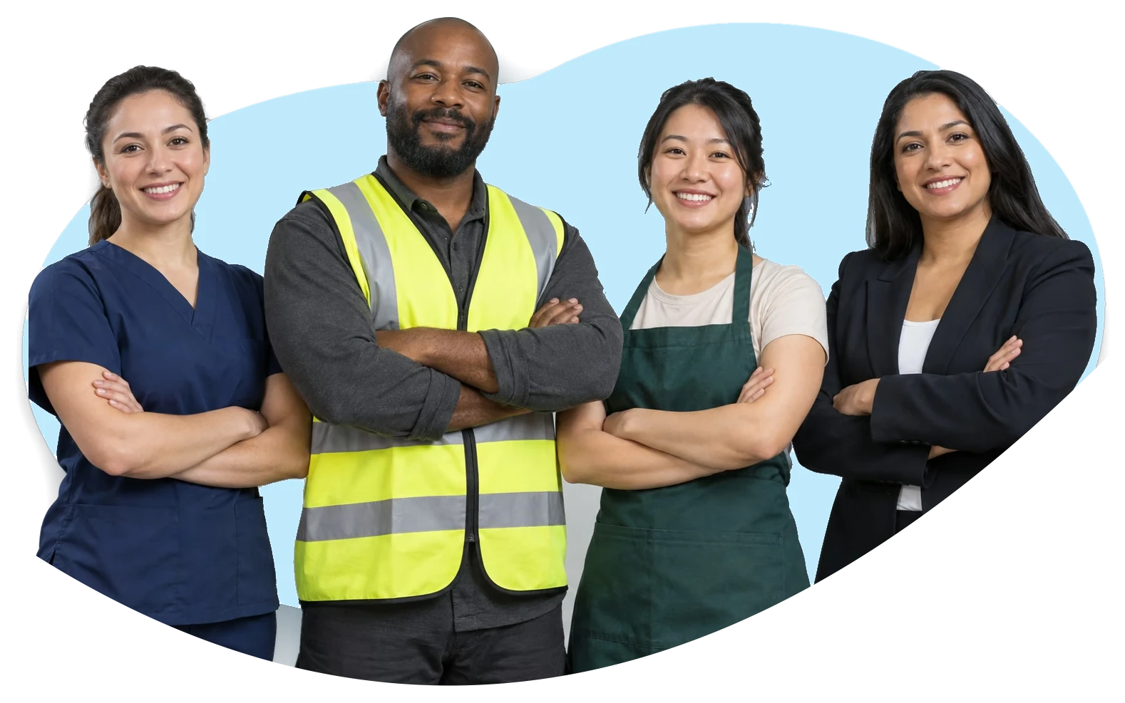Four frontline workers standing together with arms crossed: a nurse in scrubs, a warehouse worker in a hi-vis vest, a retail associate in a green apron, and a hotel front-desk agent in a blazer