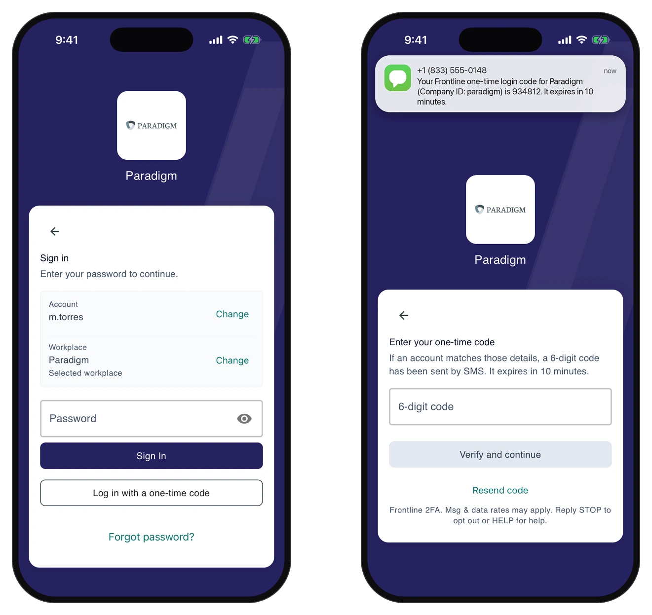 Absorb Frontline sign-in screens on two phones: the workplace sign-in screen with a password field and the option to log in with a one-time code, then the screen for the six-digit code sent by text message