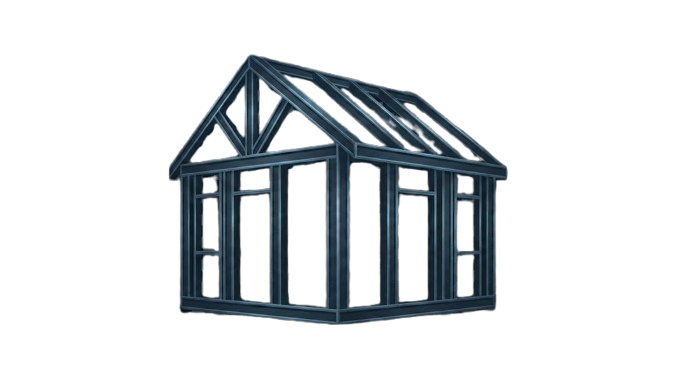 3D illustration of a steel framework structure of a small house with a pitched roof.