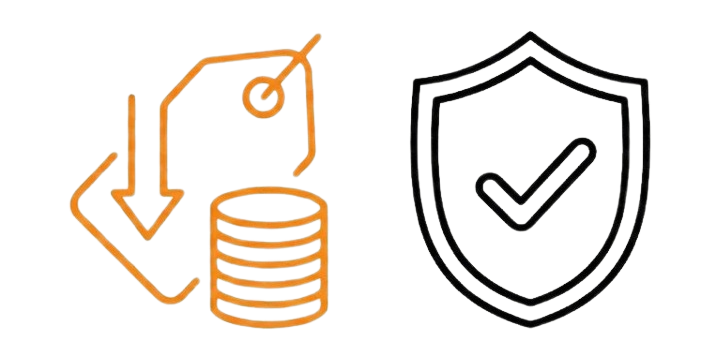 Orange downward arrow and price tag icon next to a black shield with a checkmark outline.