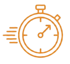 Orange stopwatch icon with motion lines indicating speed or quickness.