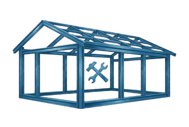Blue wireframe of a house structure with a hammer and wrench crossed inside.