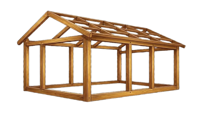 Wooden frame structure of a small house or shed with a pitched roof.