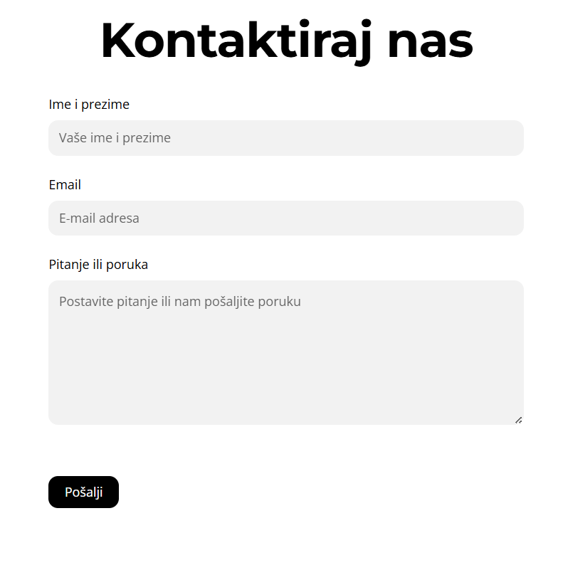 Contact form with fields for full name, email, and message, and a black send button labeled 'Pošalji'.