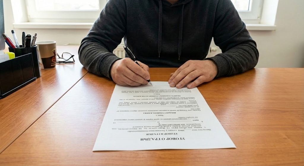 Person in dark hoodie signing a document on a wooden desk with pens, a mug, and glasses nearby.