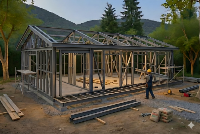 Worker wearing yellow helmet carrying a metal beam near a partially built steel frame structure in a wooded outdoor area.