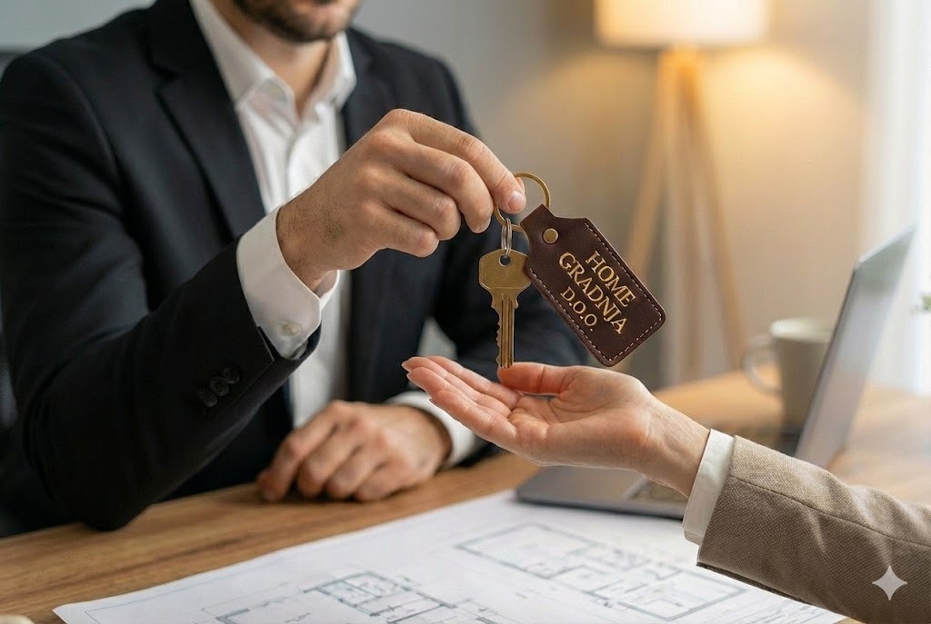 Real estate agent handing over house key with a 'HOME GRADNJA D.O.O.' tag to a client over a table with house blueprints.