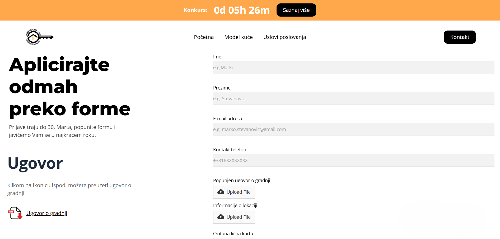Contact form with fields for full name, email, and message, and a black send button labeled 'Pošalji'.