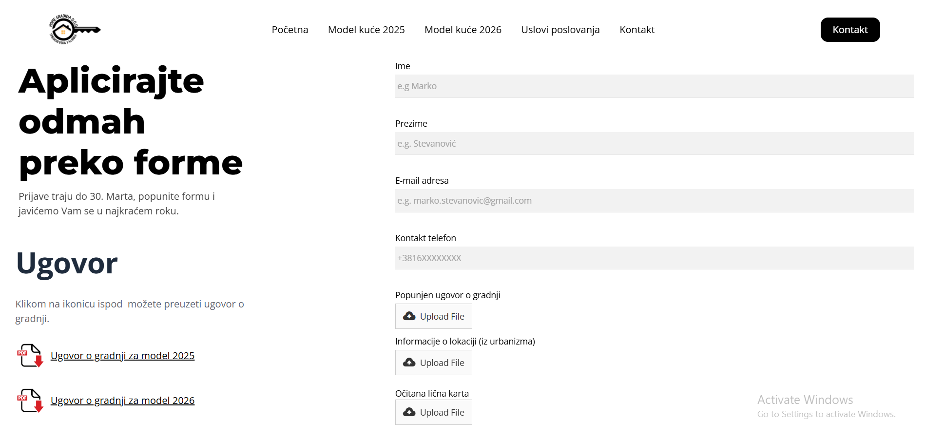 Contact form with fields for full name, email, and message, and a black send button labeled 'Pošalji'.