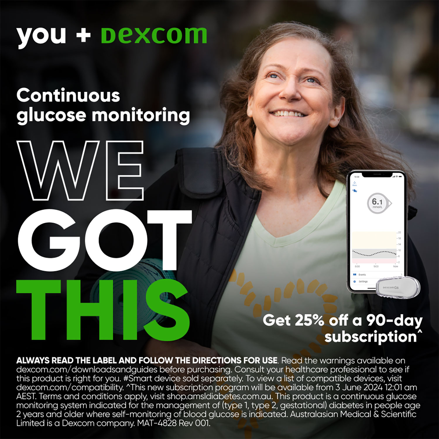 Dexcom advertisment featureing woman with yoga mat