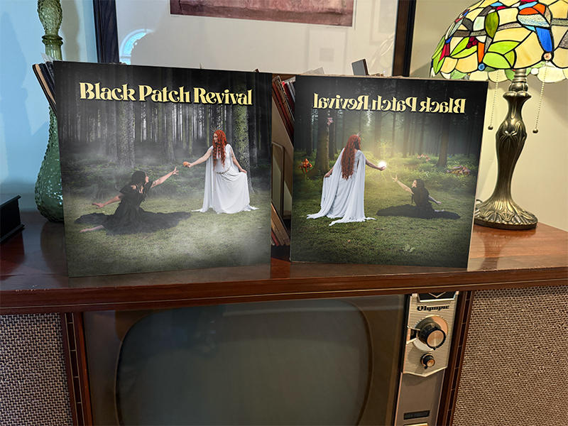 Album jacket display on a vintage console media center