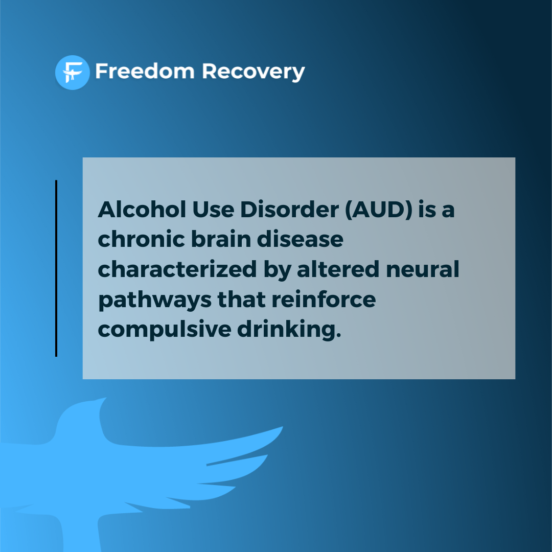 Graphic explaining that Alcohol Use Disorder (AUD) is a chronic brain disease caused by altered neural pathways that reinforce compulsive drinking