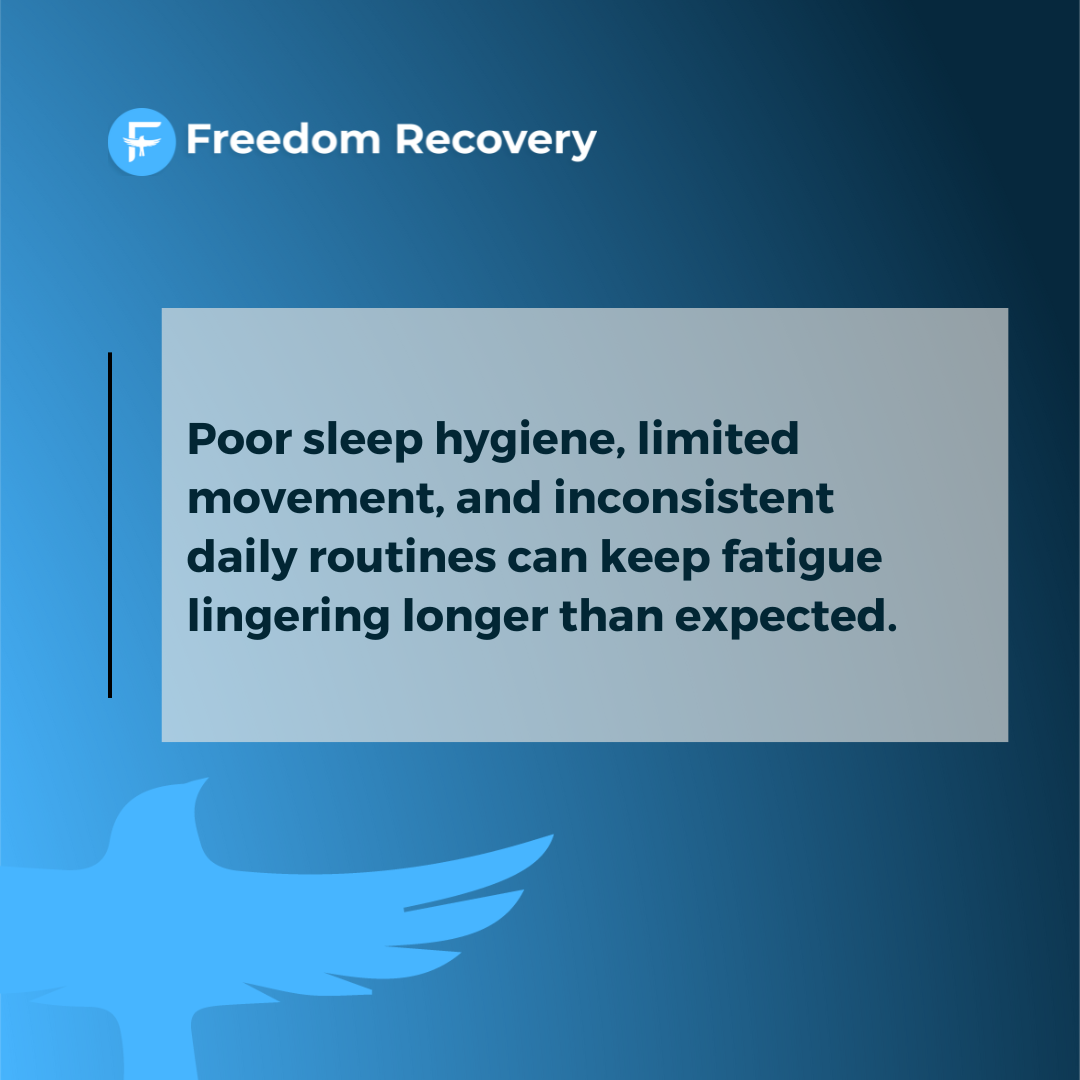 A graphic image from an alcohol rehab Idaho provider stating factors that contribute to fatigue post-alcohol cessation