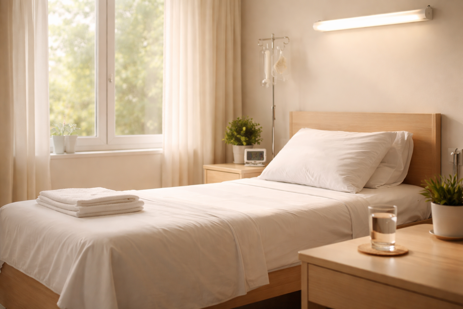 A calm, softly lit room in a medical detox facility — clean white bed, natural light through a window, a glass of water on a bedside table. No people. Conveys safety, rest, and a fresh start. Photorealistic, warm tones.