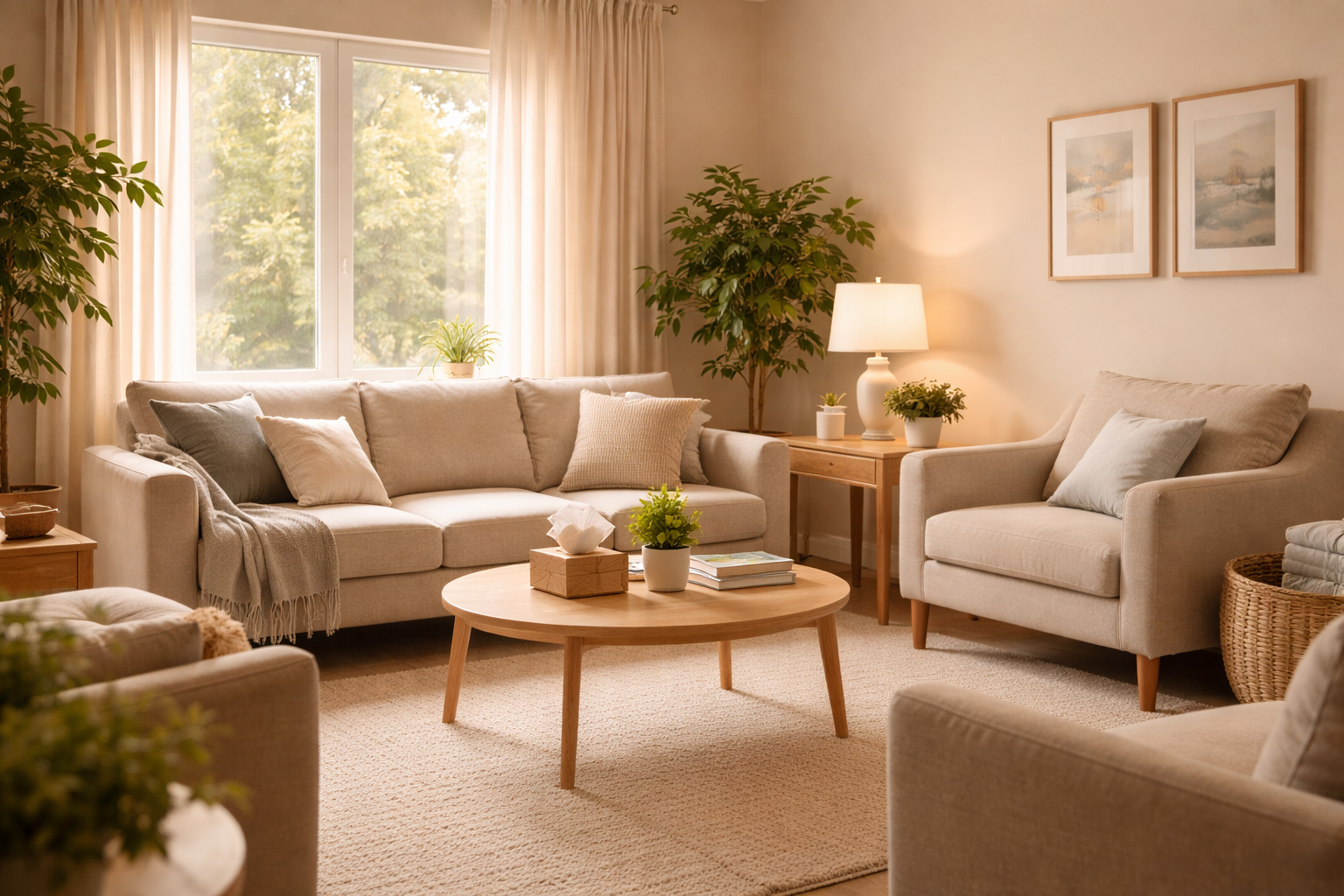 A welcoming room inside a residential rehab facility — comfortable couches, soft lighting, plants, and a window with natural light. Feels like a home, not a hospital. No people. Photorealistic, warm, safe atmosphere.
