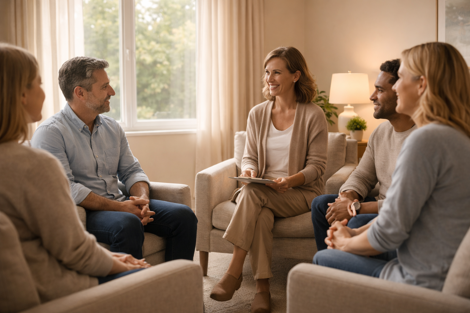  A small group of 3-4 adults in a circle in a comfortable, well-lit room — a group therapy session with a counselor. Relaxed body language, attentive faces. No sadness or drama. Natural light. Photorealistic.