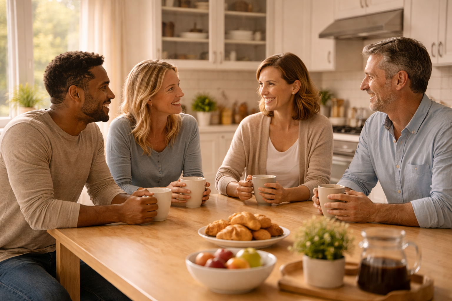 Group of adults sharing conversation and support in a home setting that reflects community in sober living Idaho