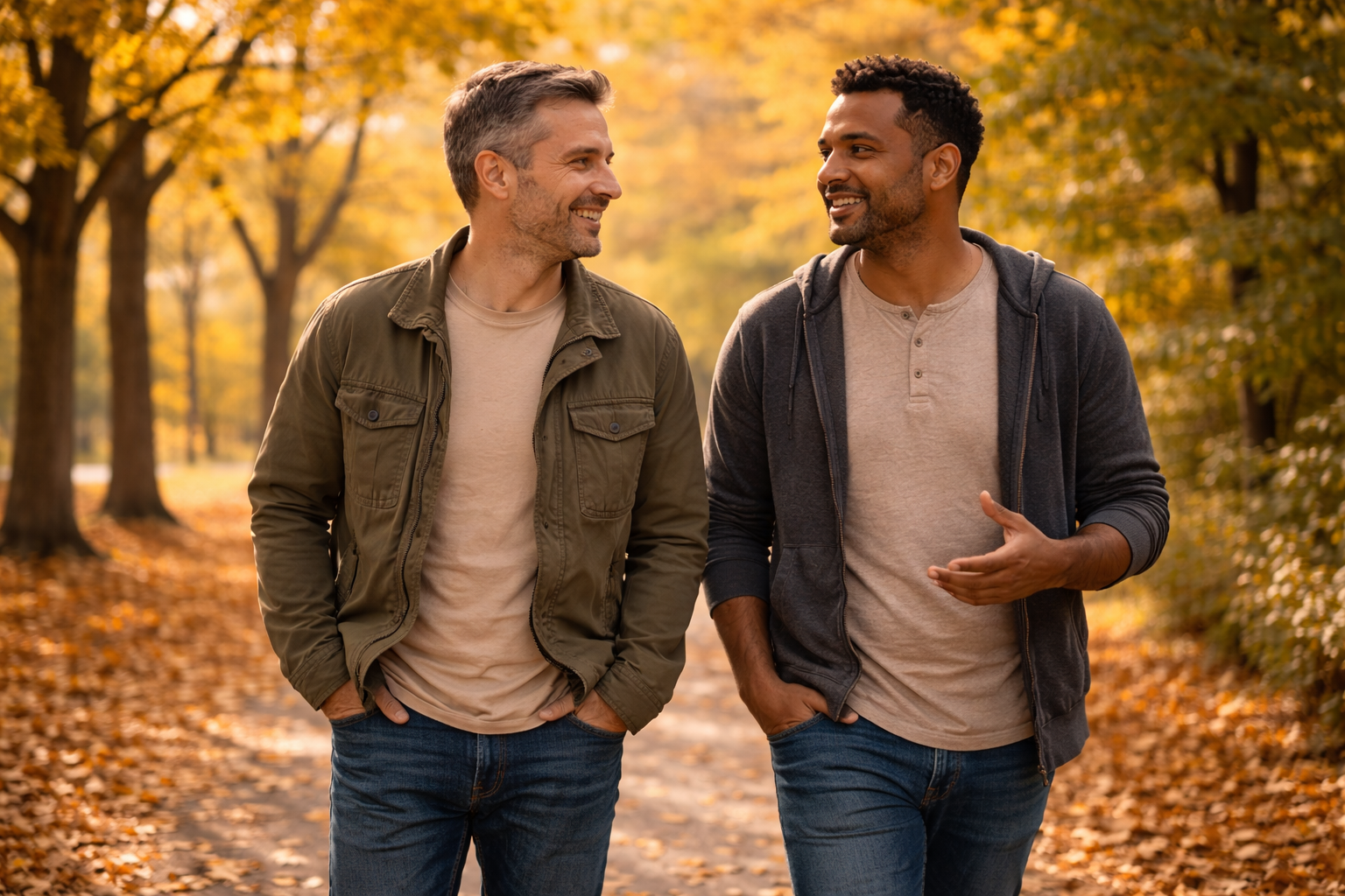 Two men in recovery walking and talking outdoors, representing connection and peer support in sober living Idaho