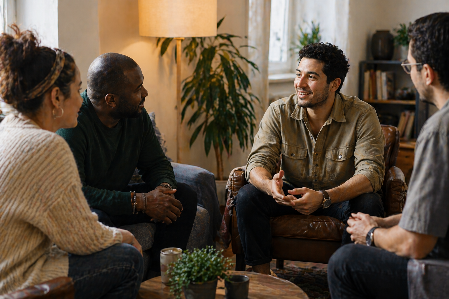 Group of adults in a peer support meeting in a sober living home environment
