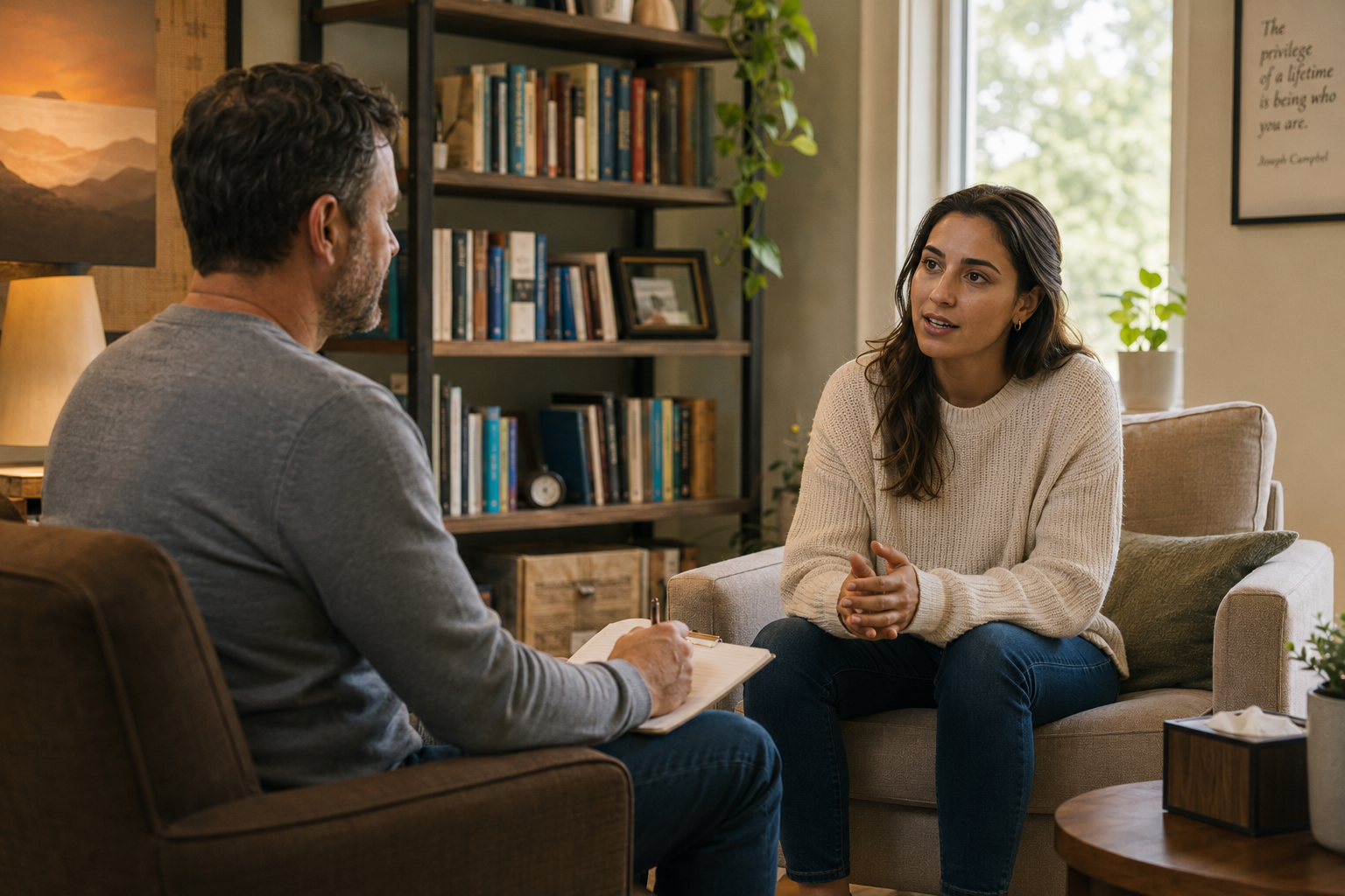 One-on-one counseling session in a comfortable therapy office, showing a therapist and client engaged in conversation about emotional healing and recovery support