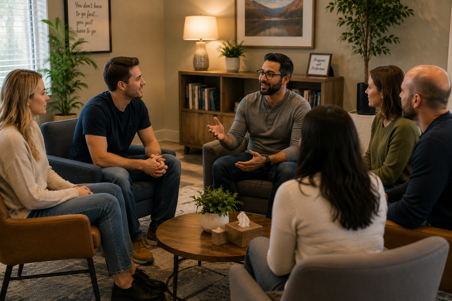 Small group therapy session with adults seated together in a supportive setting, reflecting peer connection, shared experiences, and compassionate addiction recovery treatment.
