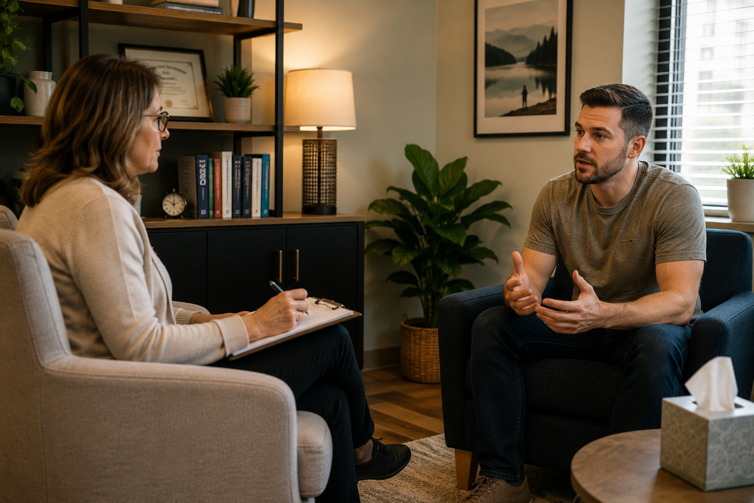 One-on-one therapy session between a counselor and client in a private treatment setting, highlighting emotional support, clinical guidance, and deeper recovery work beyond detox