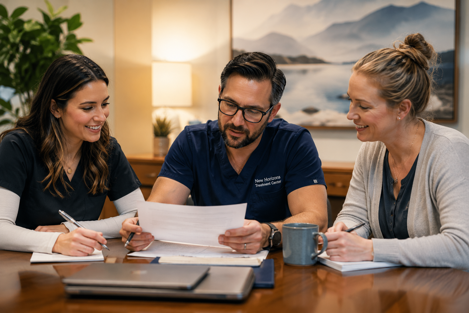 Treatment staff and client reviewing paperwork together in a supportive setting, representing collaborative care planning, transparency, and individualized addiction treatment guidance