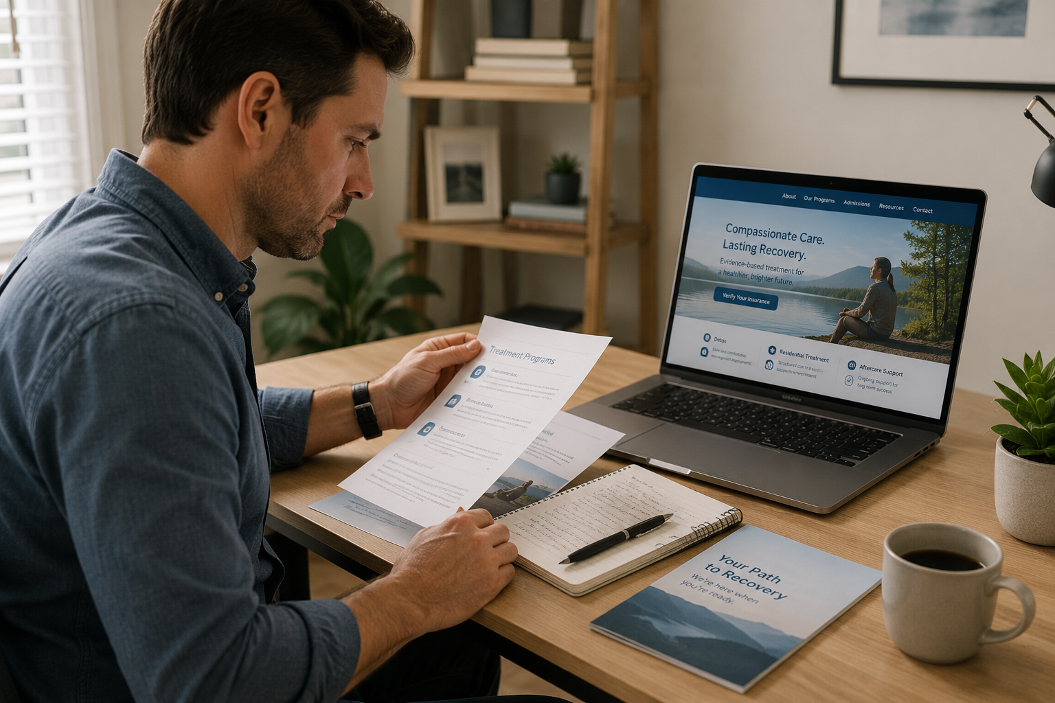 Person reviewing addiction treatment information and program materials at a desk, reflecting the process of researching care options, accreditation, and recovery support services