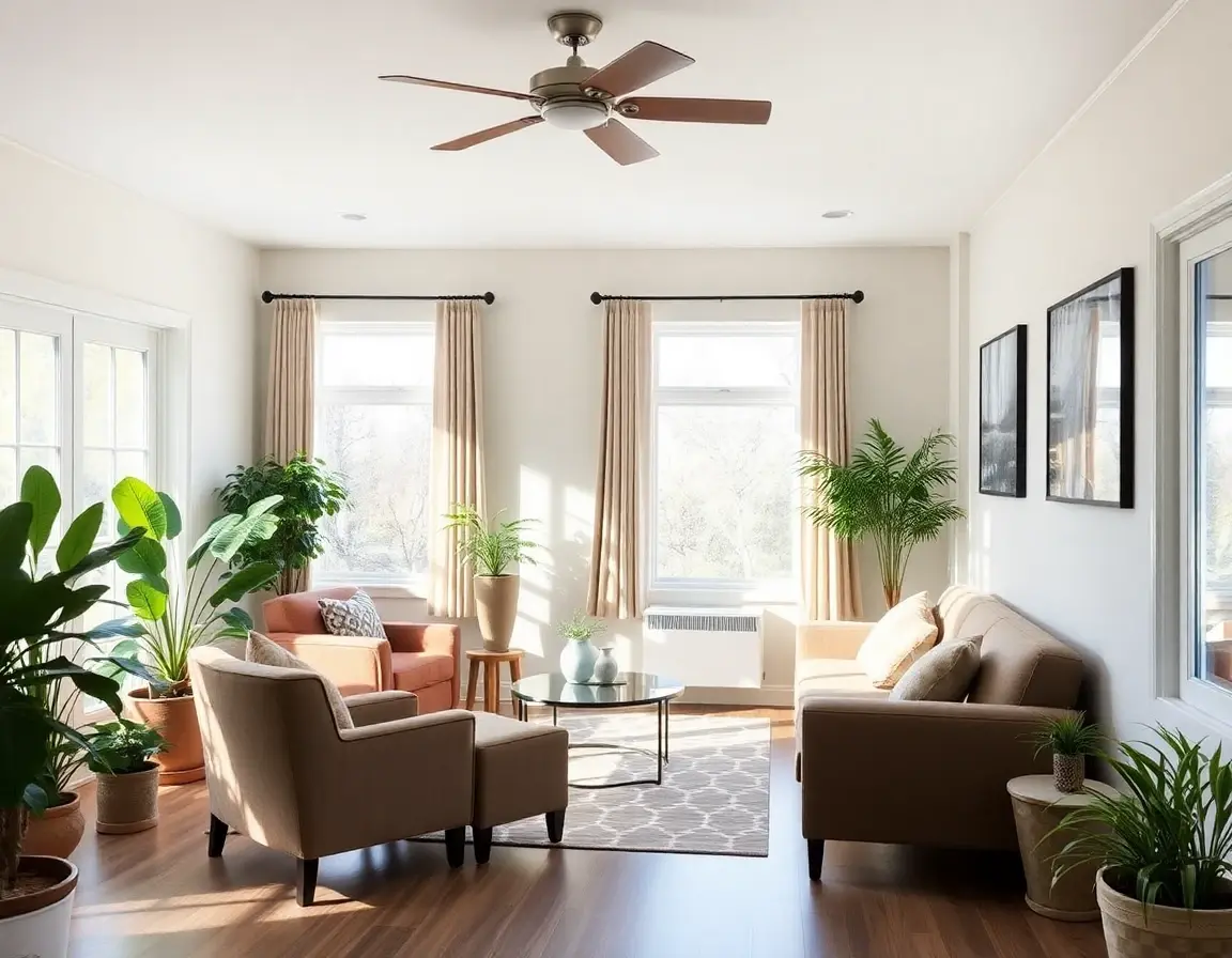 Welcoming common room interior at a recovery residence with natural light and comfortable seating