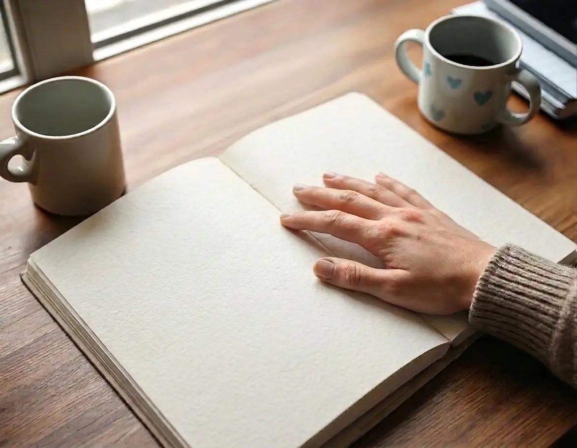 Close-up of a hand resting on an open journal beside a coffee mug