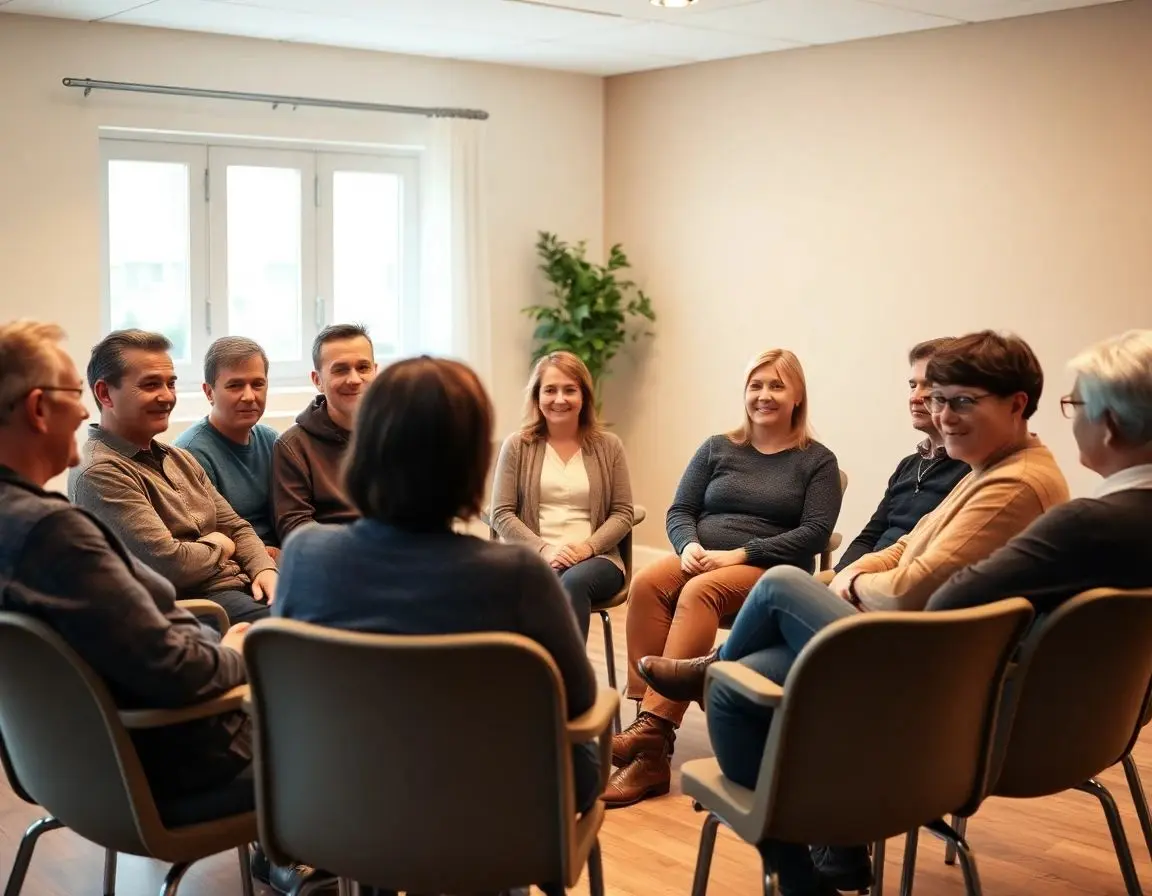 Small group of adults seated in a circle, engaged in conversation during group therapy