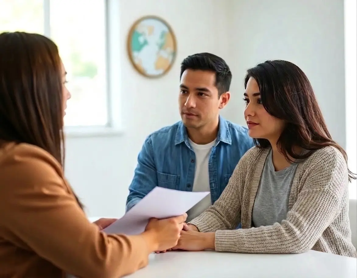 Three people in conversation at a table during a meeting