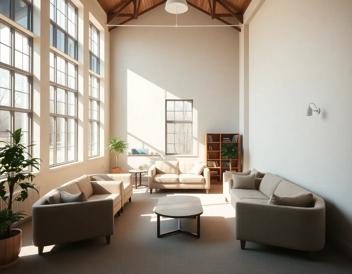 Comfortable common room with natural light and chairs arranged in a circle for group discussion