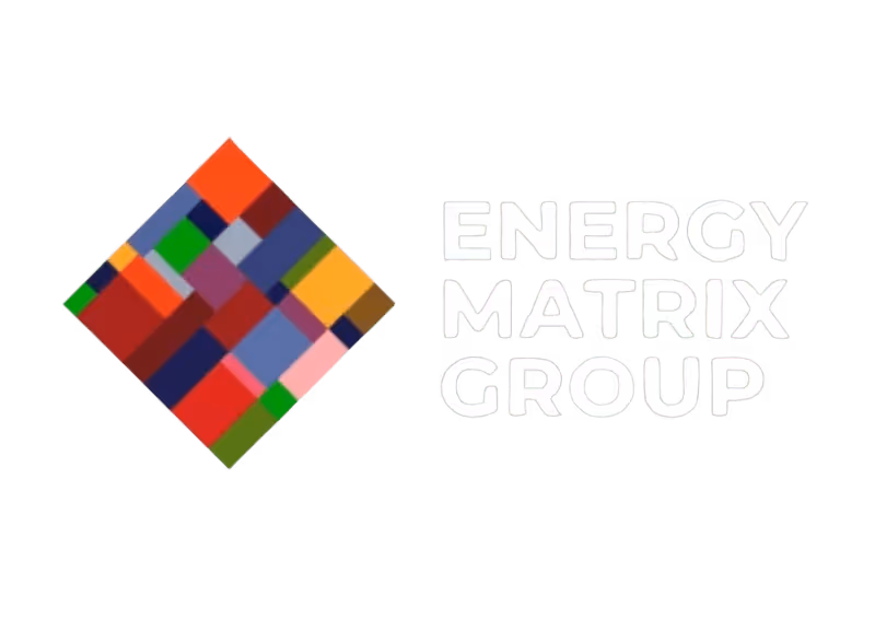 Multicolored block pattern forming a diamond shape next to the text 'ENERGY MATRIX GROUP'.