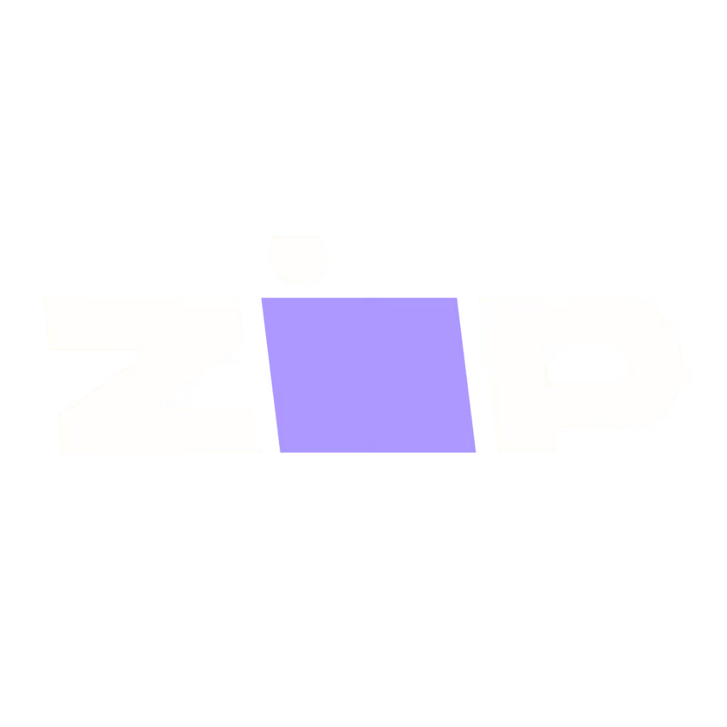ZIP logo with stylized letters: z and p in white and i in purple block shape.
