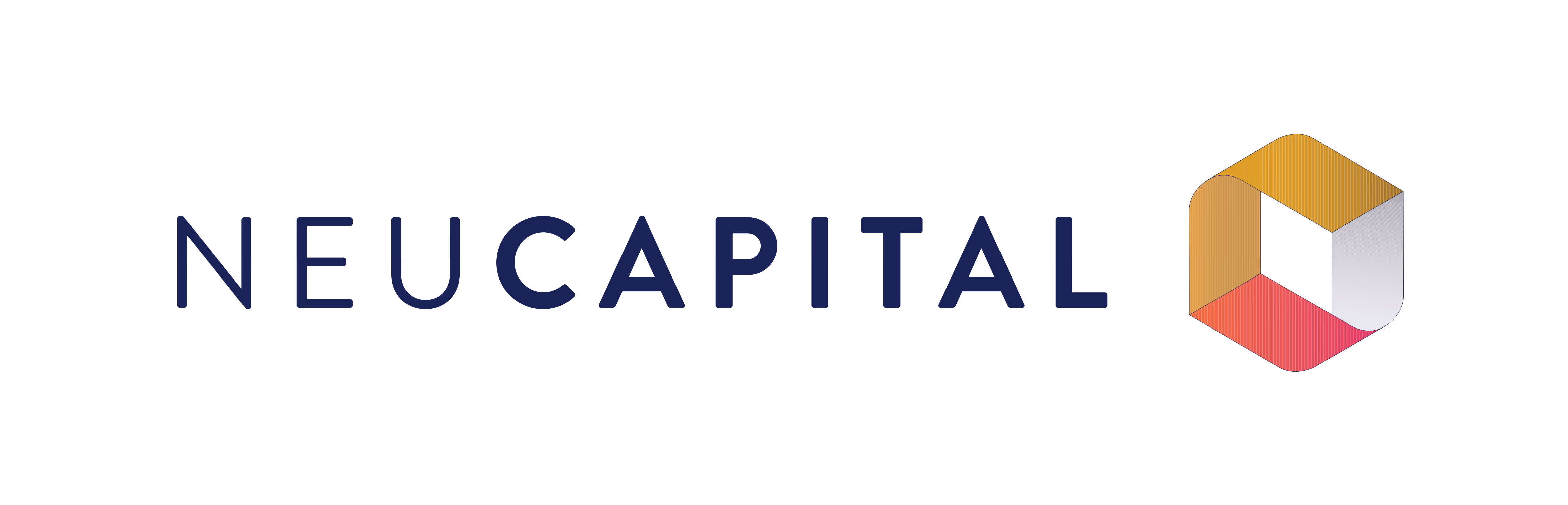 NeuCapital logo with geometric hexagon shape in gold, pink, and white colors.
