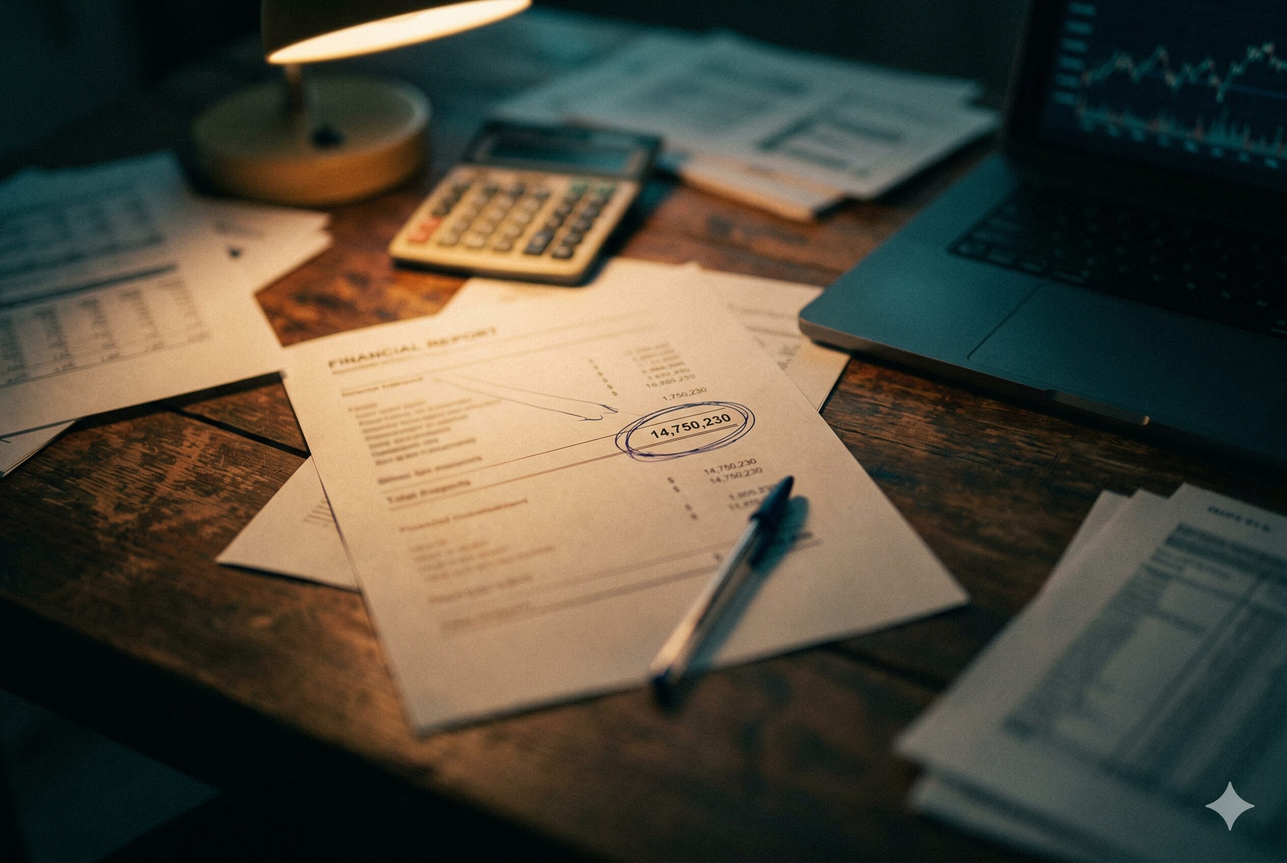 Business valuation documents and financial statements on desk under warm light